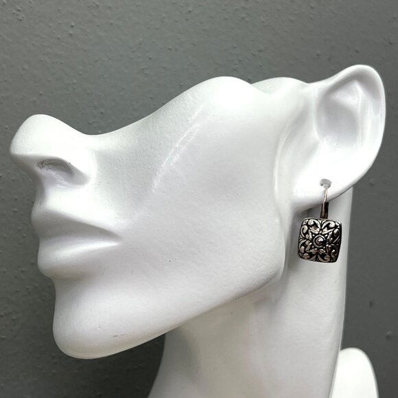 Filigree Square Drop Earrings Silver Tone Scoll Vines - Picture 2 of 5